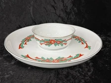 Tienshan Christmas Gold Trim POINSETTIA RIBBON Chip & Dip Bowl Set