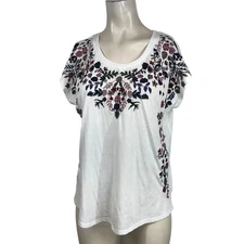 LUCKY BRAND - WOMENS LARGE - WHITE SHORT SLEEVE ROUND NECK EMBROIDERED  TOP