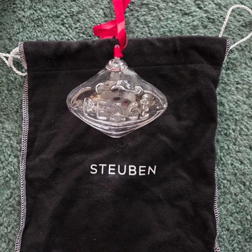 Vintage STEUBEN Glass Peace Ornament on Red Ribbon Brand New in Box