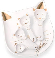 Patelai 5 Pcs Cat Measuring Spoons Set Kitchen Ceramic Counter Medium, White 