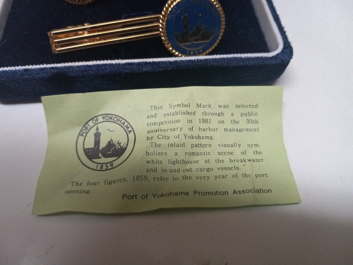 Vintage Japan Gold Tone Enamel Blue Port of Yokohama 1859 Tie Clip