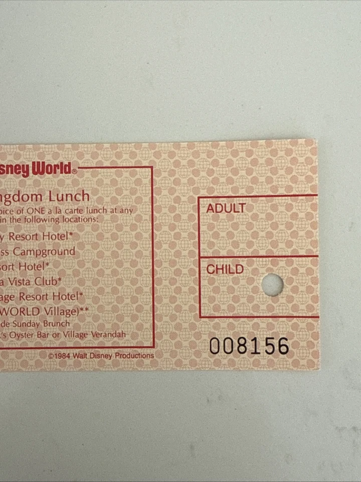 РЕДКИЙ винтажный детский билет 1984 ретро Walt Disney World Vacation Kingdom на обед - Изображение 3 из 4
