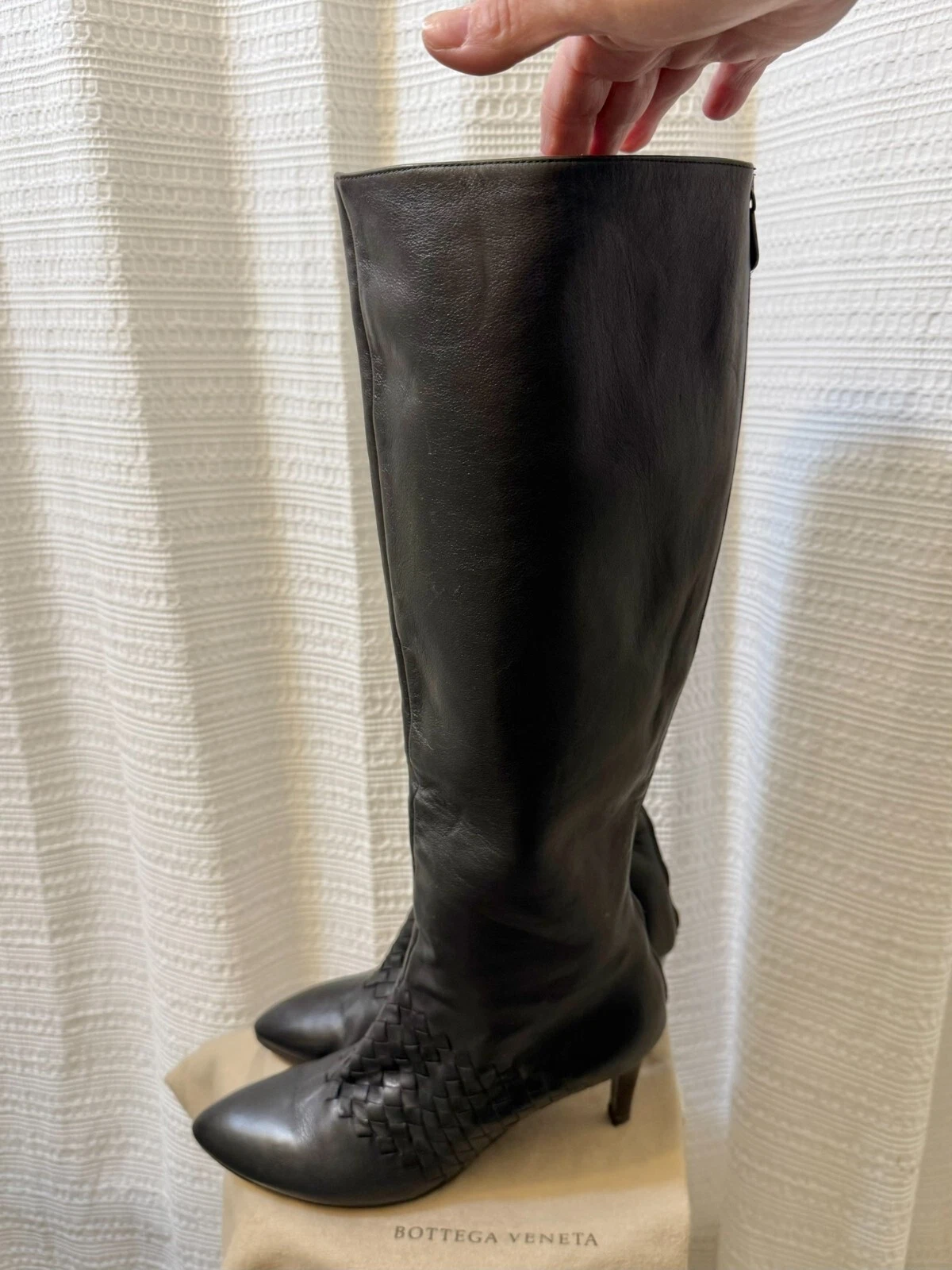 Stivali neri Bottega Veneta tessuto intrecciato al ginocchio tacco 3" taglia 39