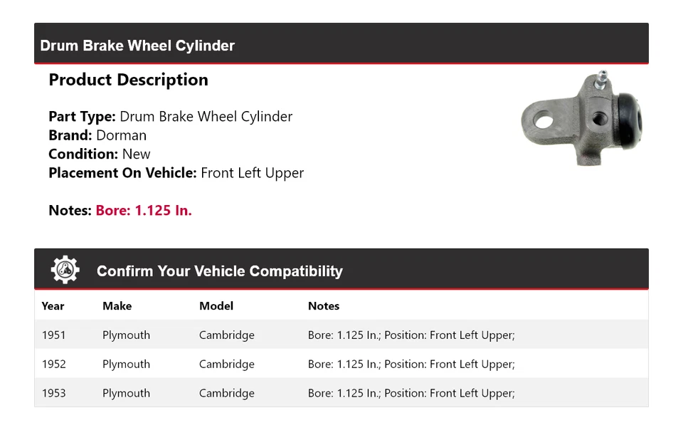 Cilindro de rueda de freno de tambor 1952 para Plymouth Cambridge Dorman 1951-1953 Foto 2 de 4