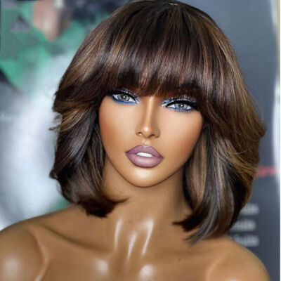 Women Highlight Short Bob Cut 100% Human Hair Wigs with Bangs Full Machine Made