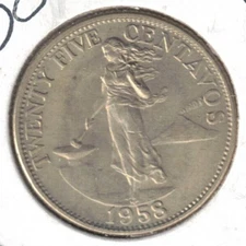 1958 Philippines Unc. 25 Centavo Female Standing & Eagle on Shield Coin!