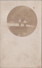 Boys Wading & Children Playing in Rural Water Scene Sepia Photo RPPC Postcard