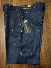 NWT Walter Hagen Perfect 11 Art Deco Print Navy Blue Men's Golf Shorts. D1