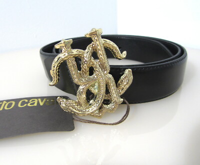Roberto Cavalli 3D Snake Buckle Black Leather Belt Golden  display picture 2