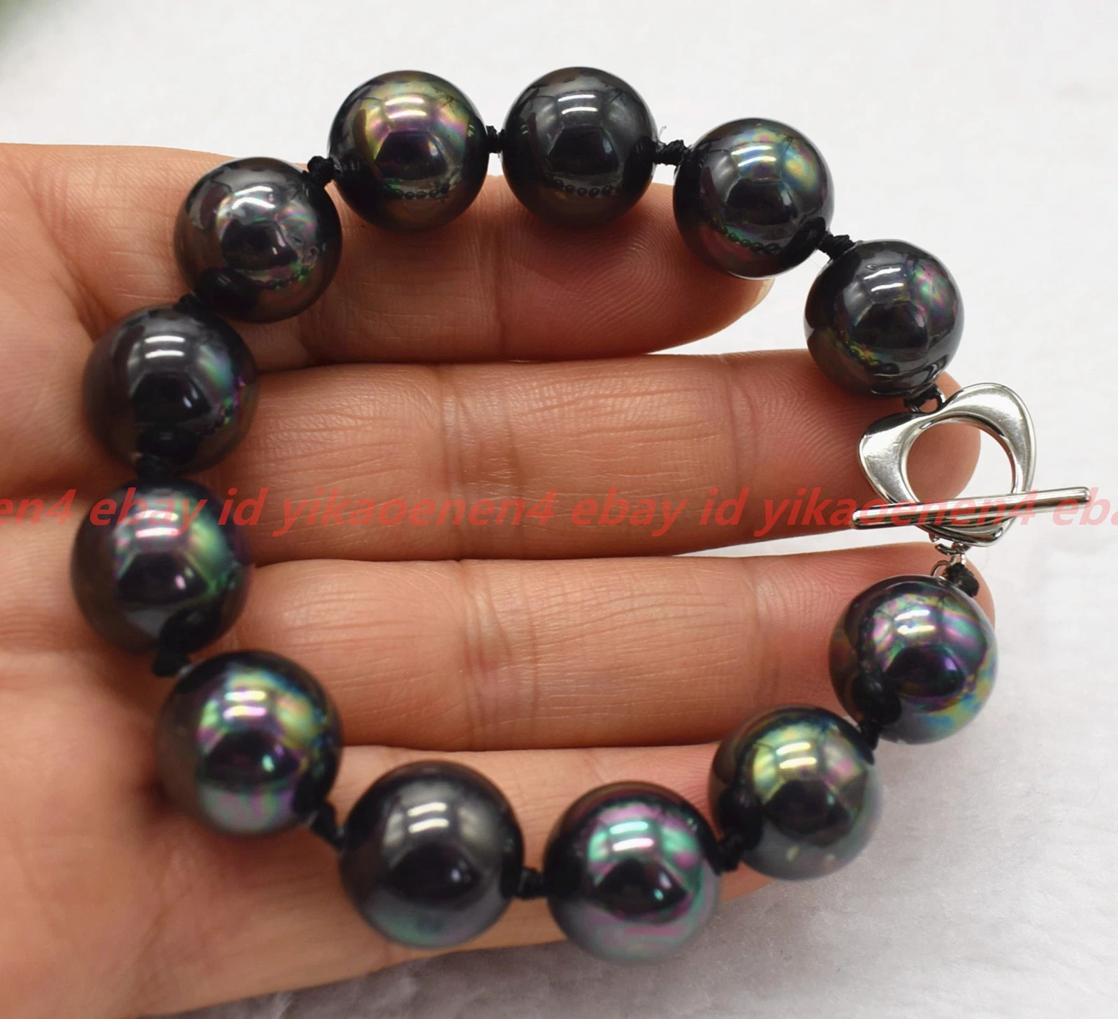 VALENTINO Bracciale Perline Rotonde Fatto a Mano Naturale 12mm Arcobaleno Conchiglia Nera Gemme 7 9in