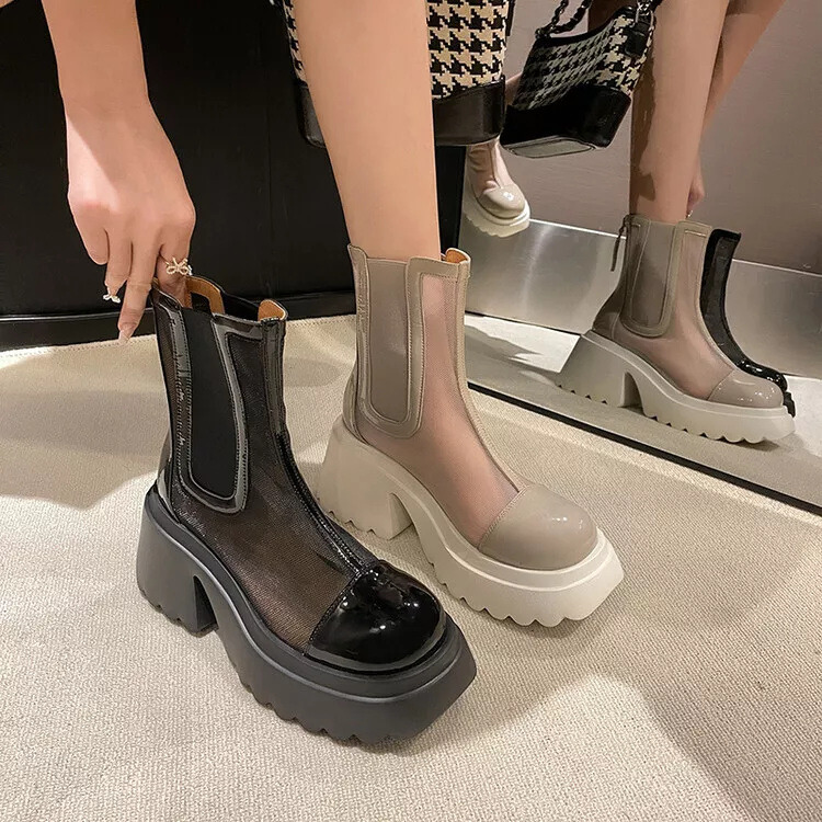 Womens Chic Leather Mesh Elastic Top Platform Chunky Heel Ankle Boots Shoes SKGB