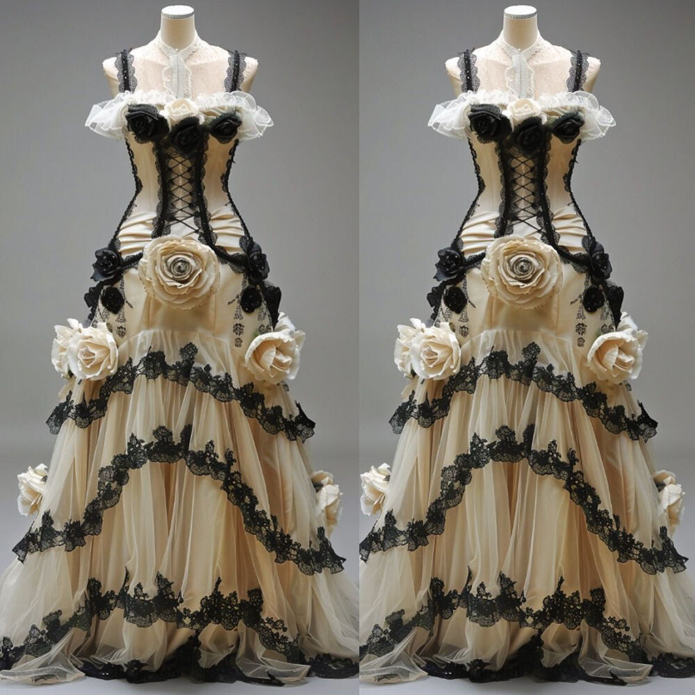 Gothic Champagne and Black Wedding Dresses with 3D Flowers A Line Bridal Gowns | eBay Gothic Champagne and Black Wedding Dresses with 3D Flowers A Line Bridal Gowns | eBay