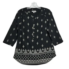 Croft & Barrow Womens Blouse Size S Black 1/4 Button V Neck 3/4 Sleeve Geometric