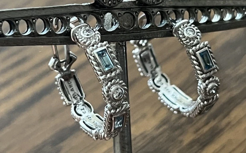 JUDITH RIPKA 925 STERLING SILVER BLUE TOPAZ & CZ DIAMONIQUE HOOP EARRINGS - Image 2 of 4