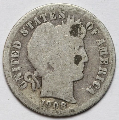 1908-S 10c Barber Silver Dime - RAW - Nice San Francisco Minted Coin - Lowball