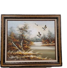 Mid Century Oil Painting Birds and Nature Signed Bernard 