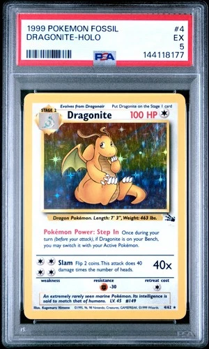 1999 POKEMON FOSSIL #4 DRAGONITE-HOLO PSA 5