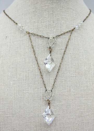 ART DECO Original Vintage Faceted Crystal LAVALIER NECKLACE 15" Long w/ 4" Drop