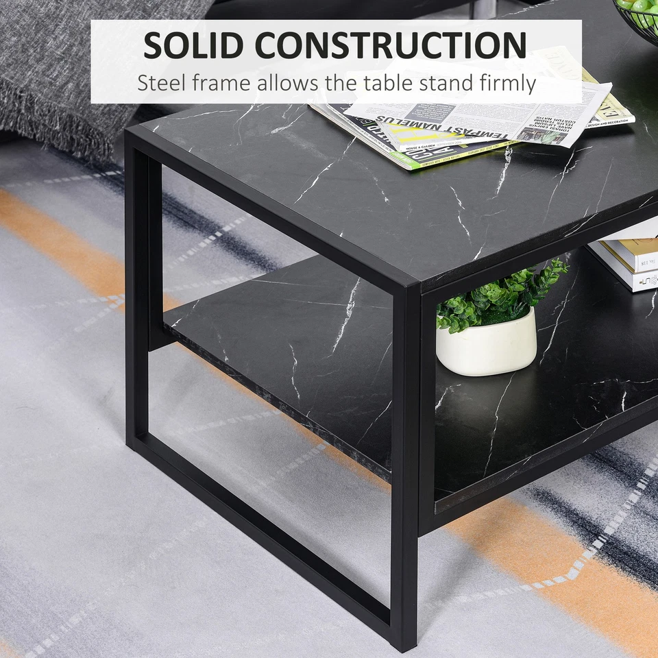Two-Tier Marble Effect Coffee Table with Metal Frame Living Room Table Black - Image 4 of 4