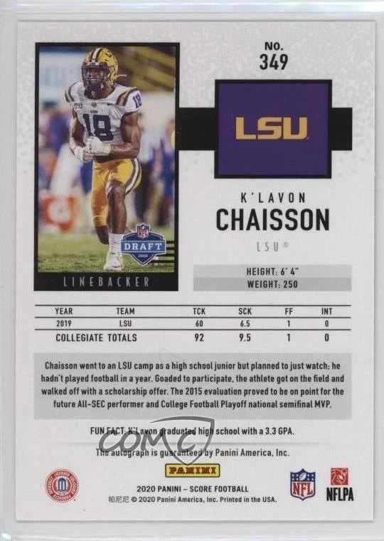 2020 Score Rookies 1st Down Signatures /10 K'Lavon Chaisson #349 Rookie Auto RC - Image 2 of 2