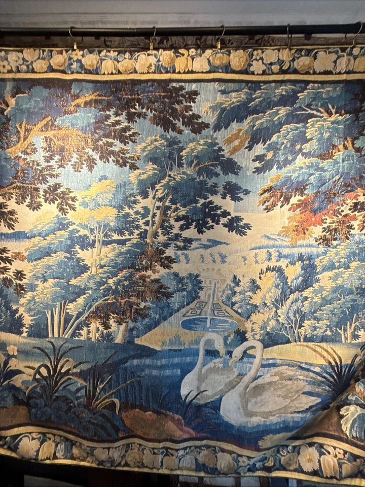 Antiguo tapiz Aubusson azul y dorado verdure estilo tela impresión reproducción Foto 3 de 4