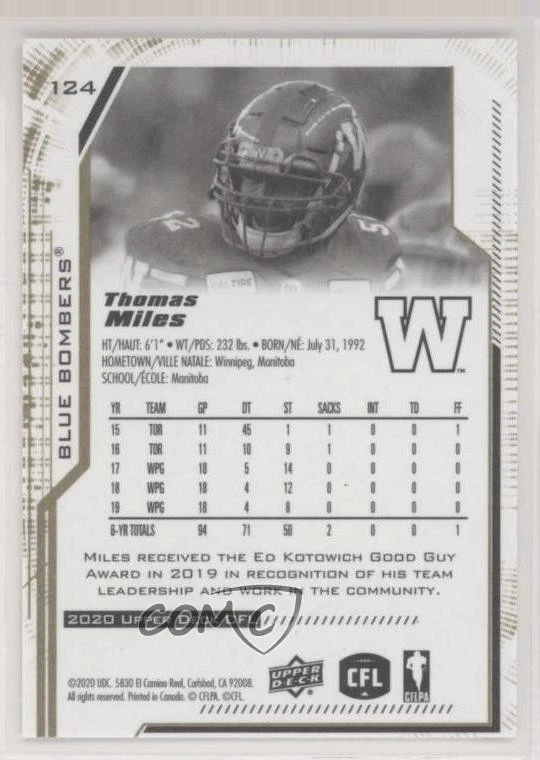 2020 Upper Deck CFL Gold /50 Thomas Miles #124 - Image 2 of 2