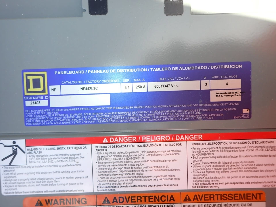 SQUARE D NF442L2C 250 amp 600v 3 Phase MLO Panelboard Indoor MH56BE p839 - Image 2 of 4