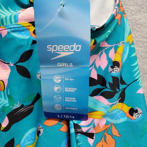 Speedo Girls Swimwear Large Blue Capri Breeze One Piece Parrot Allover Print NWT - Picture 9 of 10