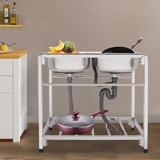 Commercial Stainless Steel Sink, Kitchen Freestanding Double Bowl Utility Sink