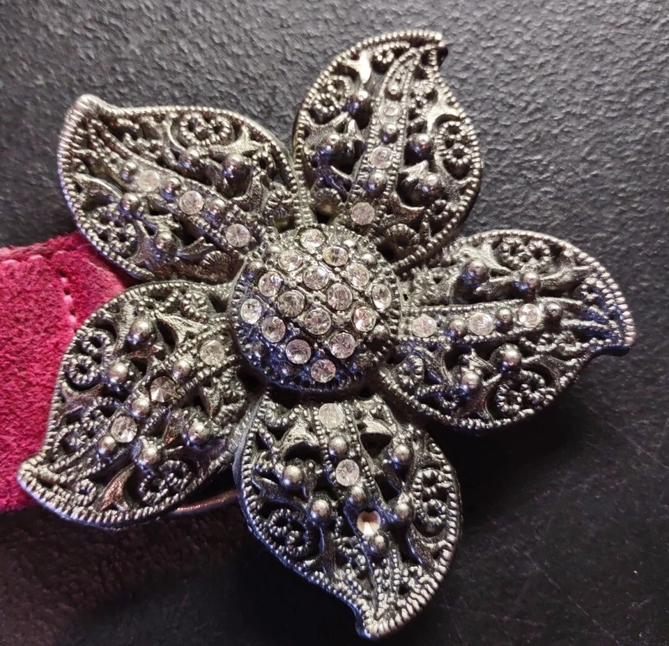 Cinturón Barbie Mujer M/L Rosa Gamuza Cuero Plata Estrás Flor Hada LEER Foto 2 de 4