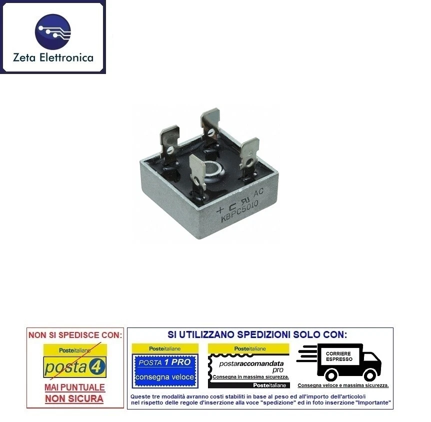 PONTE DI DIODI KBPC5010 DA 50A RADDRIZZATORE MONOFASE 1000V RETTIFICATORE FASTON - Immagine 2 di 2