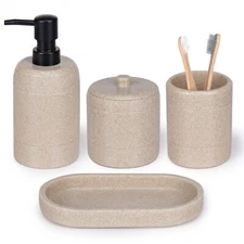 Haturi 4 Pcs Set Modern Resin Beige Bathroom Accessories Stone Style Dispenser