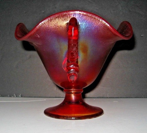 Vintage Fenton Iridescence Ruby Red Dolphin Handles Stretch Glass Compote Bowl - Picture 4 of 8
