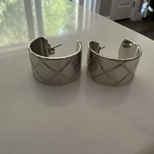 Vintage Silver Tone Cross Hatch Etched Half Hoop Trendy Glam Stud Earrings