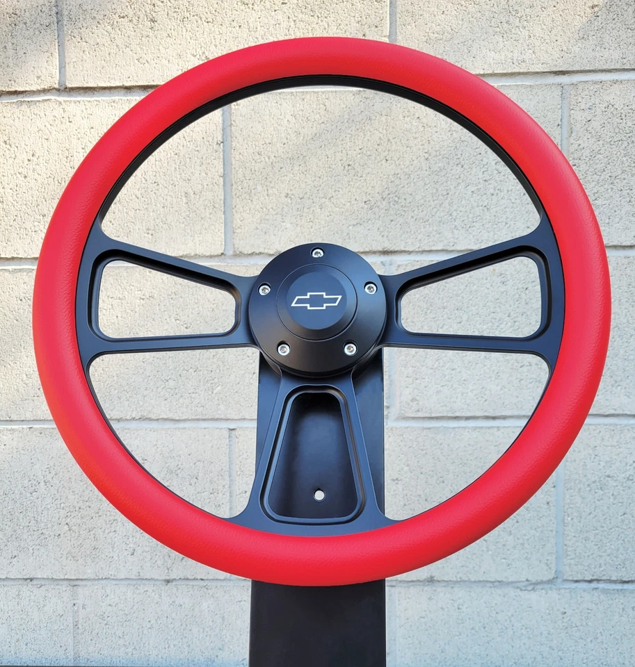 Volante Billet Negro 14" Vinilo Rojo Medio Envoltura Licencia Chevy Pajarita Bocina Foto 2 de 4