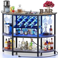 Bar Table Cabinet with Power Outlet, LED Home Mini Small, Grey 
