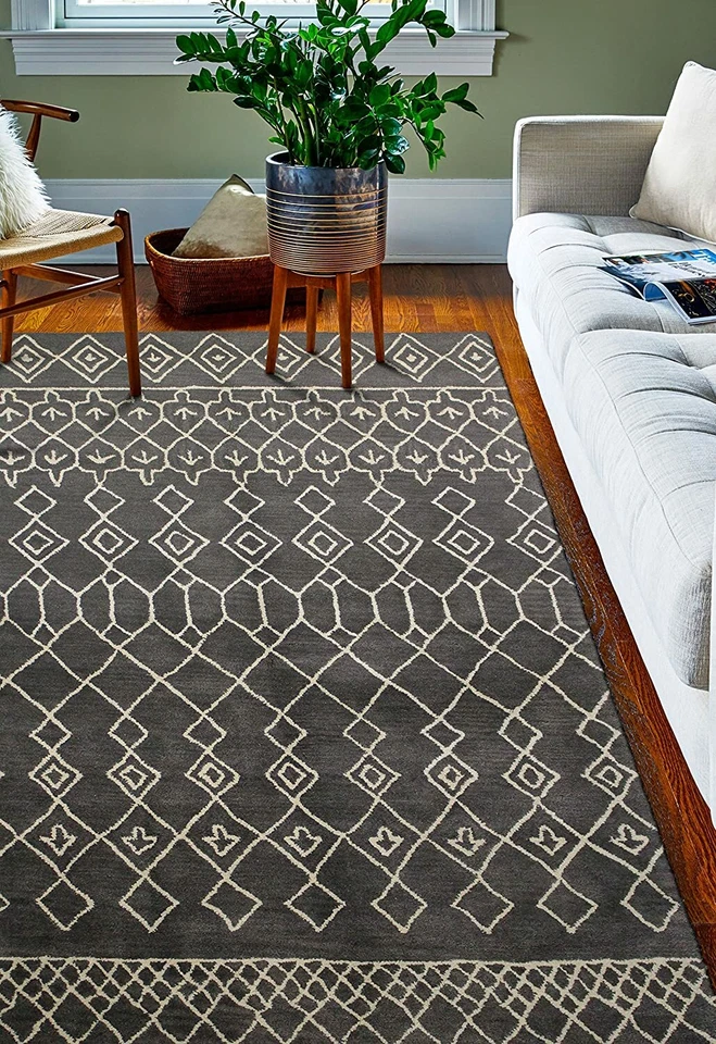 Bashian Hand Made Tufted Chelsea Wool Area Rug 5'X8' Geometric Charcoal Cream Foto 4 de 4