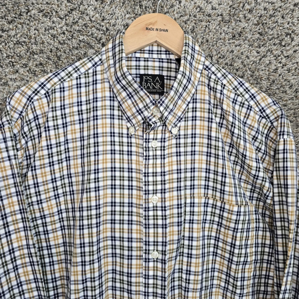 Jos A Bank Shirt Mens Large Navy Blue Button Down Plaid Long Sleeve Cotton - Image 4 of 4