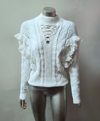 RONNY KOBO KNIT TIERED RUFFLES SLEEVES LACE MOCK NECK RETRO CABLE