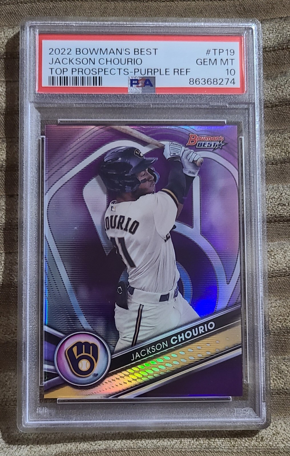 2022 Bowman's Best Prospects Purple Refractors #TP19 Jackson Chourio /250 PSA 10