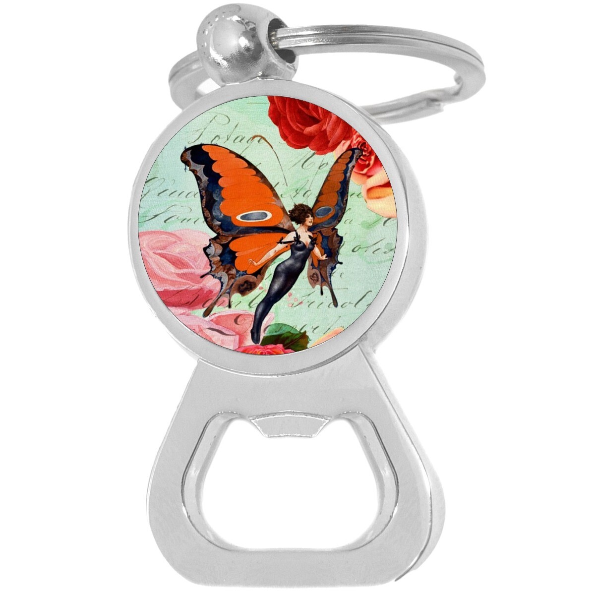 Vintage Butterfly Girl Bottle Opener Keychain - Metal Beer Bar Tool Key Ring