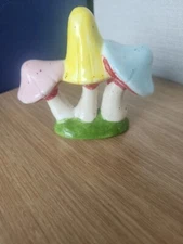 Vintage Mushroom Figurine Trio Glazed Ceramic 3 Grouped Cluster Pink Yellow Blue