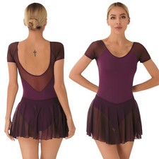 Women Short Sleeve Backless Skirted Leotard Dress for Dance Training Gymnastics