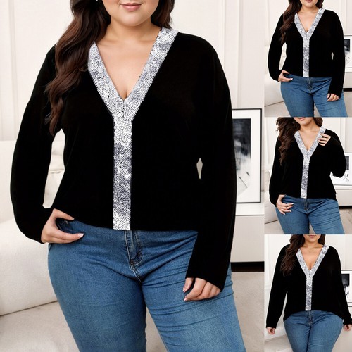 PLUS SIZE Women's V-Neck Sequin Tops Ladies Long Sleeve Casual Shirt Blouse US