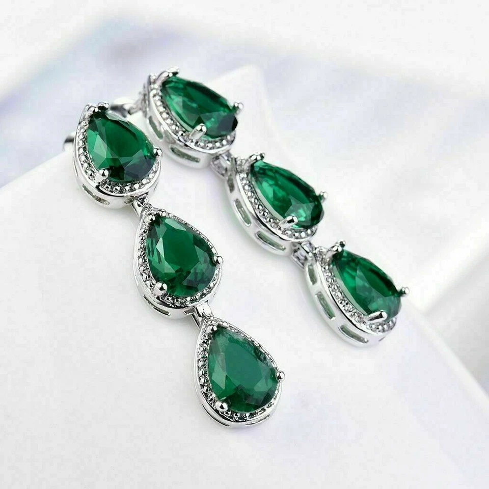 3Ct Pear Cut Emerald & VVS1 Diamond Drop Dangle Earrings 14K White Gold Finish - Image 3 of 4