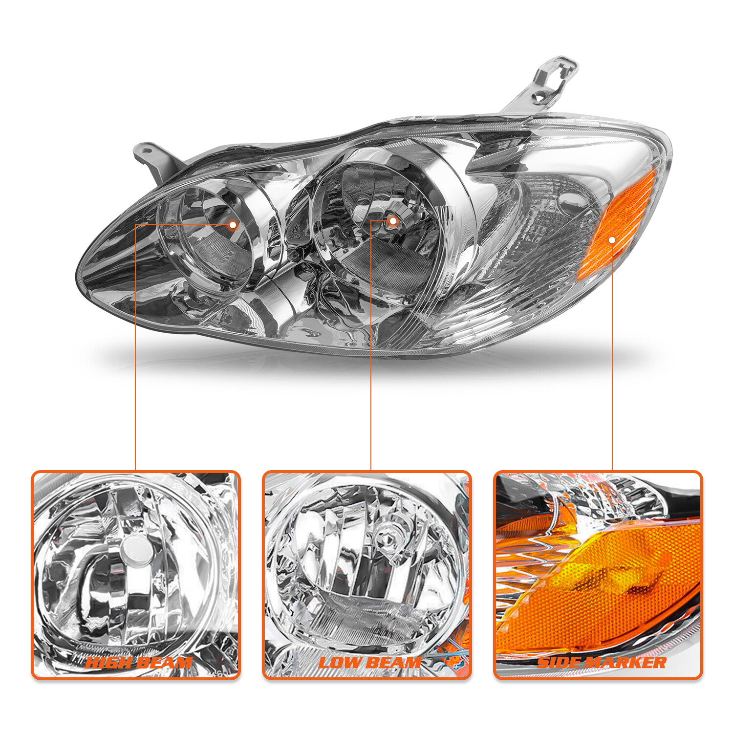 For 2003-2008 Toyota Corolla Chrome Headlights Amber Corner Headlamps Left+Right