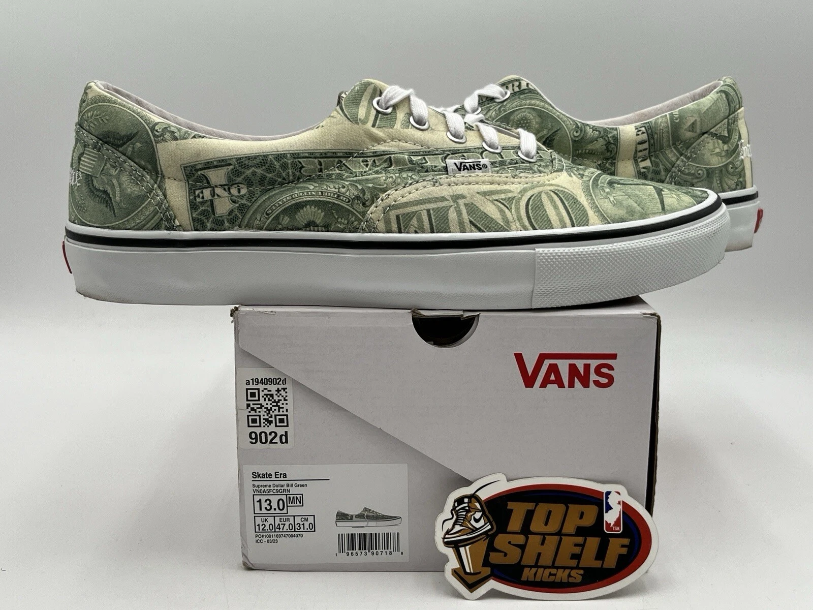 Supreme Vans Skate Era Dolla Bill 2023 taille 13 authentique skateboard vert 