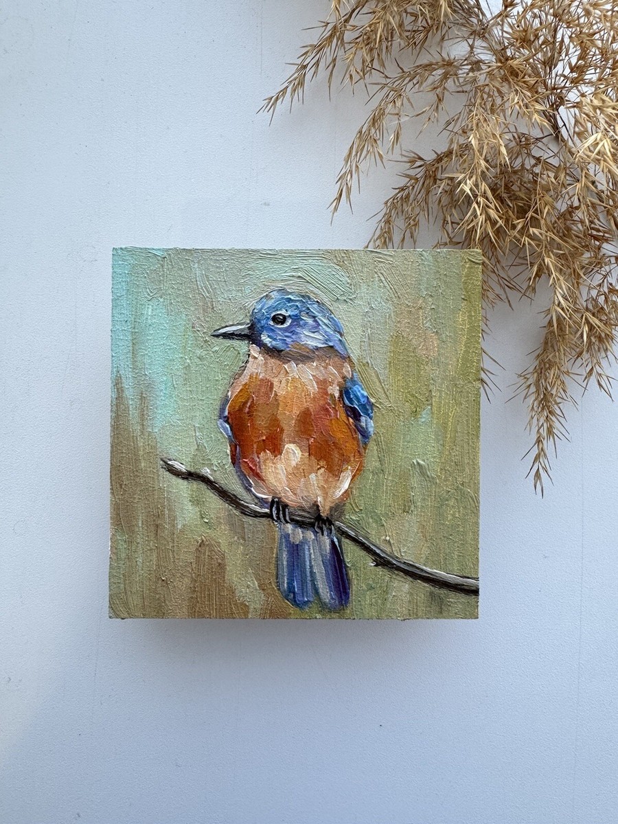 Blue Bird Oil Painting Bird Original Art Small Bird Wall art Blue