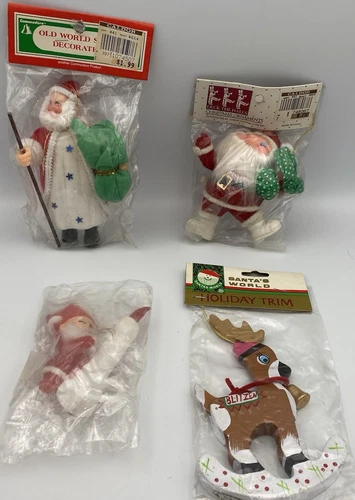 Vintage Set O 4 Christmas Ornaments New In Packaging Santa Reindeer Flocked