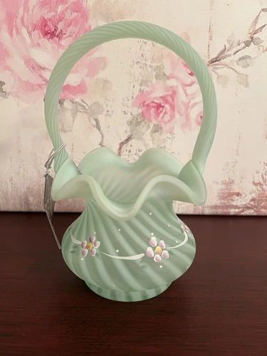 Fenton Glass Green Satin Opaline Spiral Optic Basket Hand Painted Floral Design